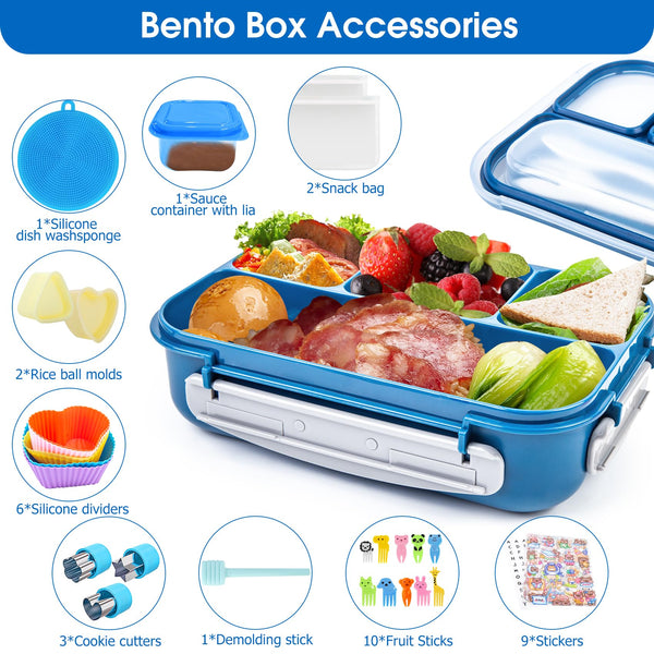 Wotplay 1300ml Bento Box, Lunch Box with 5 Compartments with Lunchbox Bag, Spoon and Fork, Leak-Proof Bento Lunch Box for Kids, Adults, School, Picnic, Travel, Microwave Safe (Blue)