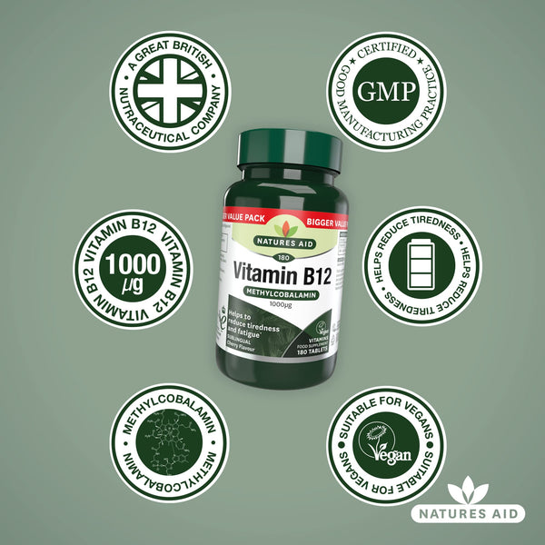 Natures Aid Vitamin B12 1000µg – High Strength Methylcobalamin Supplement – Supports Energy & Reduces Tiredness – Vegan, Vegetarian, Gluten Free – Not Gummies or Capsules – 180 Tablets