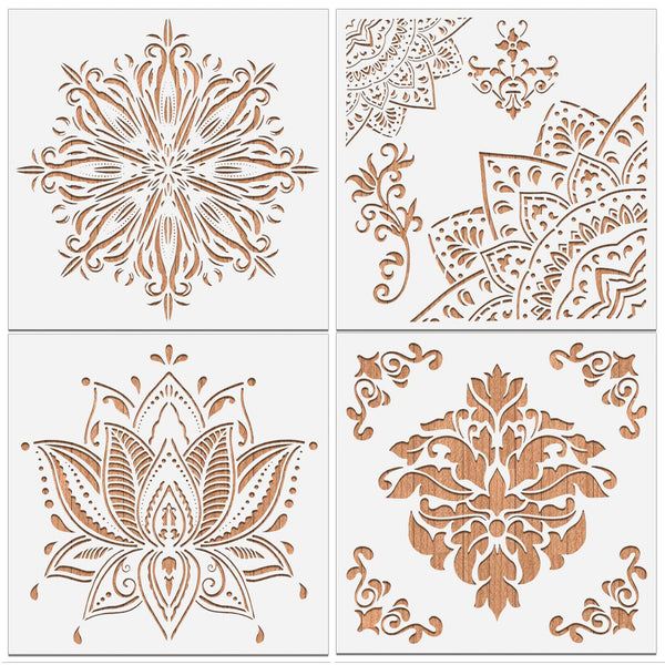MWOOT 4 Pieces Mandala Drawing Stencils for Wall Painting Supply,Reusable Large Templates for Canvas Fabric Wall Decors Art Set,Mandala Design Drawing Plastic Stencil for DIY Art Beginners (30x30CM)