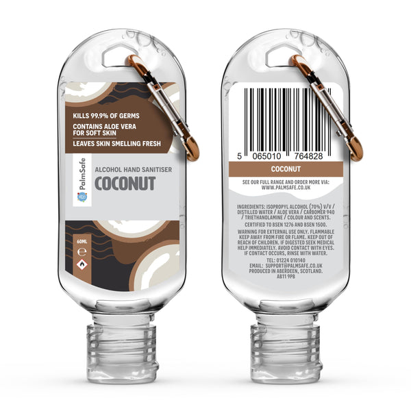 Palm Safe Coconut 3 Pack 60ml Anti Bacterial Premium Hand Sanitiser Travel Size Refillable Clip Bottle Quick Drying Non Sticky Extra Moisturising Kills 99.9% of Viruses and Bacteria