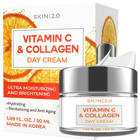 Skin 2.0 Vitamin C & Collagen Face Moisturizer - Anti-Aging, Skin Tightening - Brightening, Clean Beauty, Cruelty-Free, Korean Skincare For All Skin Types - 1.69 Fl Oz