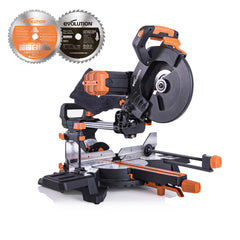 Evolution Power Tools R255SMS-DB+ Double Bevel Sliding Mitre Saw, Multi-Material Cuts Metal, Wood, Plastic & More - with Plus Pack includes Clamps, Dust Bag & Blades, 255mm (230V)