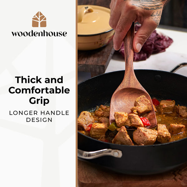 Wooden Spoons Cooking Utensils - Teak Wooden Utensil Set of 12 Pcs with Holder, Spoon Rest & Hanging Hooks, Non-Stick and Heat Resistant Kitchen Accessories by Woodenhouse