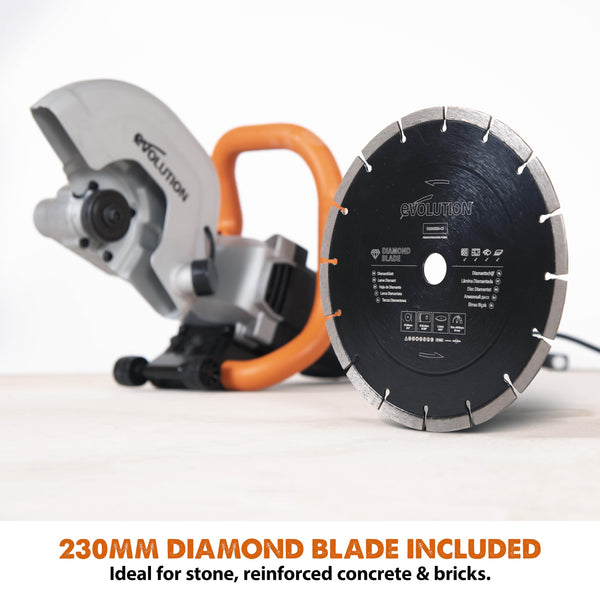 Evolution Power Tools R230DCT Disc Cutter, Concrete Saw, Cut Off Saw, For Cutting Concrete, Stone, Brick, Roof Tile & More - 2000W Motor, No Gas, 90 mm Cut, Incl Diamond Masonry Blade, 230V, 230mm