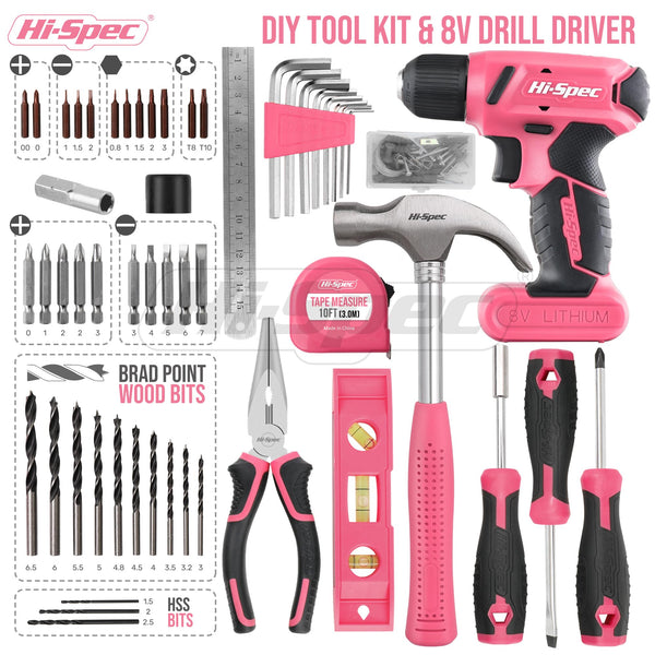 Hi-Spec 57pc Pink Hand Tool Kit Set with 8V USB Cordless Electric Screwdriver, Drill Bits Set, Tool Box for Home & Office DIY Repair and Maintenance - Comprehensive Tool Kit and Tool Set