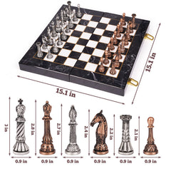 Retro Metal Chess Set for Adults – 15 Inch Marbling Chess Board with Chess Pieces – Travel Chess Set with Metal Pieces – Folding Chessboard – Ideal for Beginners and Professional Players