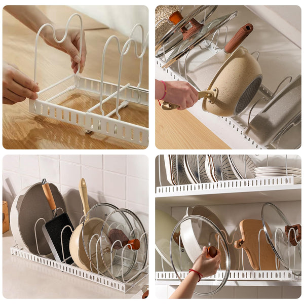 MENGCOOL Expandable Pans Organiser Rack, Pan Lid Storage with 10 Adjustable Dividers, Pot Lid Holder, Kitchen Cupboard Organiser (White)