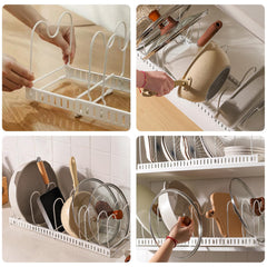 MENGCOOL Expandable Pans Organiser Rack, Pan Lid Storage with 10 Adjustable Dividers, Pot Lid Holder, Kitchen Cupboard Organiser (White)