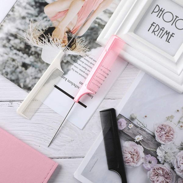 JANYUN 3 Pcs Rat Tail Combs Salon Hairdressing Comb with Stainless Steel Handle, Fine Tooth Combs for Women, Barber