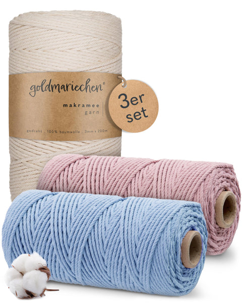 goldmariechen - Makramee Garn 3er Set 3mm (Naturell 200m, Himmelblau 100m, Altrosa 100m) 100% Baumwollgarn für DIY Wandteppich, Pflanzenhänger, Pflanzenampel, Wandbehänge, Traumfänger, Tischläufer
