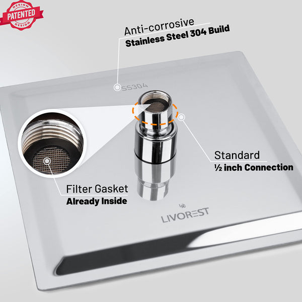 LIVOREST Square Rainfall Shower Head - 8 inch Large, Overhead Fixed Rain Showerhead with Angle Adjustment - Stainless Steel 304 with Chrome Finish - Standard Fitting, Easy Replacement