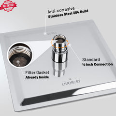 LIVOREST Square Rainfall Shower Head - 8 inch Large, Overhead Fixed Rain Showerhead with Angle Adjustment - Stainless Steel 304 with Chrome Finish - Standard Fitting, Easy Replacement