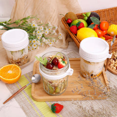 Opopark 4 Pack 12oz Overnight Oats Jars,350ml Overnight Oats Container with Lids and Spoons White Airtight Glass Jars with Measurement Marks for Milk Cereal Fruit