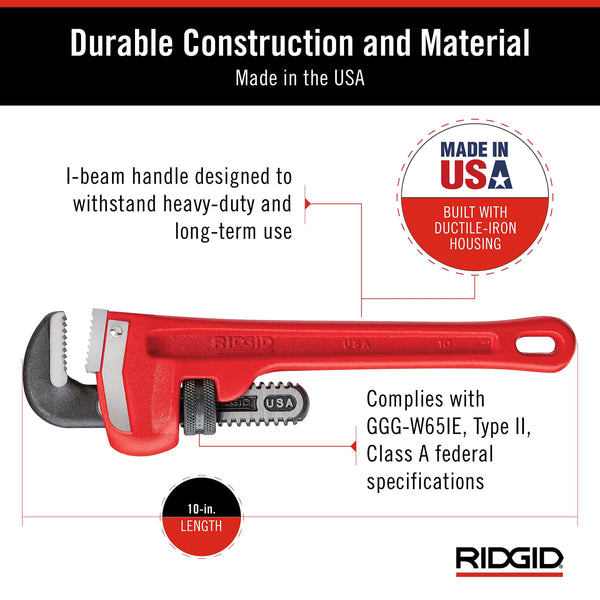 RIDGID 31010 10-inch Heavy-Duty Straight Pipe Wrench, 10-inch Plumbing Wrench,Red