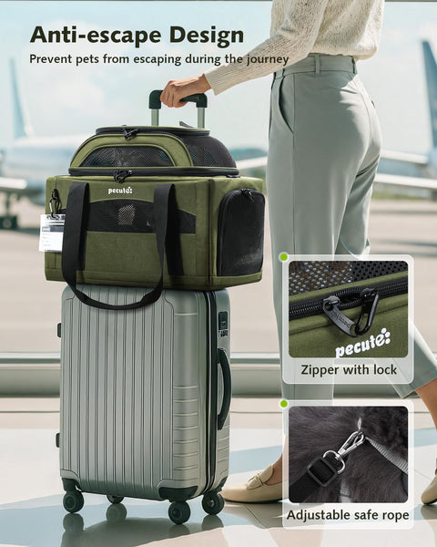 pecute Cat Carrier Airline Approved, Top Expandable Cat Carrier Handbag, Extra Stable Dog Carrier, Breathable Mesh Fabric Bag for Pets, Pet Carrier Suitable for Both Long And Short Trips Green