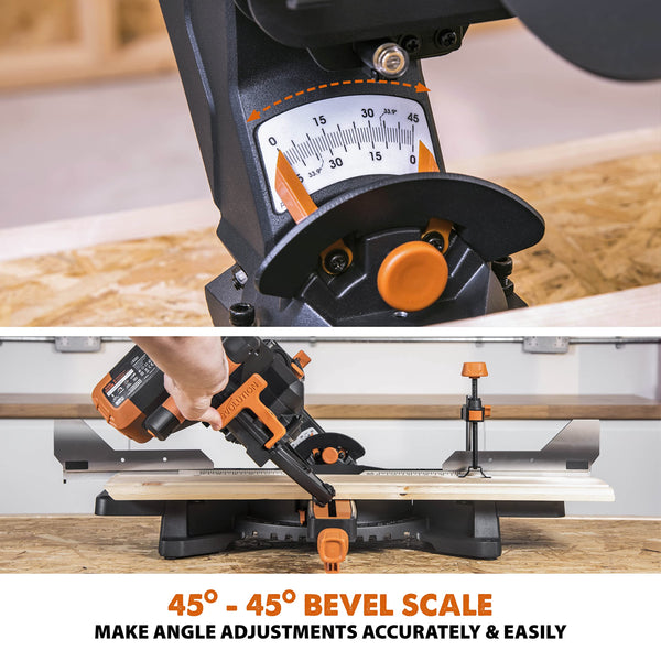 Evolution Power Tools R255SMS-DB+ Double Bevel Sliding Mitre Saw, Multi-Material Cuts Metal, Wood, Plastic & More - with Plus Pack includes Clamps, Dust Bag & Blades, 255mm (230V)