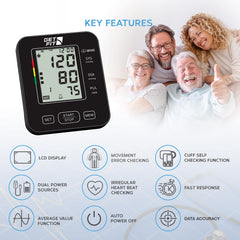 Get Fit Blood Pressure Monitor CE Approved UK for Home Use - Medical Upper Arm Blood Pressure Machine - Heart Rate Monitor - Hypertension Detector - Adjustable 22-42cm Large Adult Cuff - LCD Display