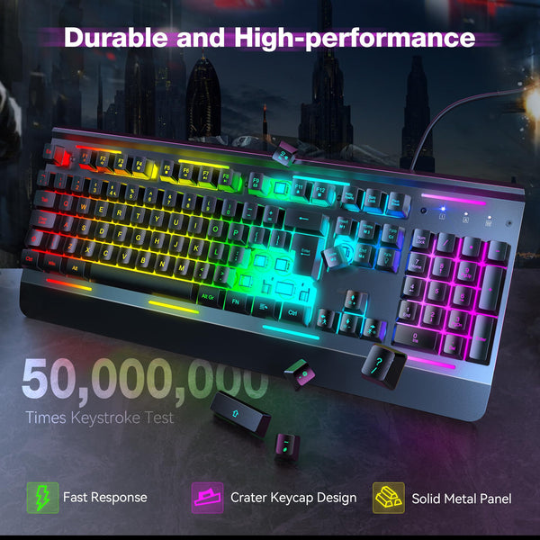 TECKNET RGB Gaming Keyboard UK Layout, USB Wired Computer Keyboard with 15-Zone RGB Illumination, All-Metal Panel, 25 Anti-ghosting Keys, 105 Keys, IP32 Water & Dust Resistant, 90% Quiet Keyboards