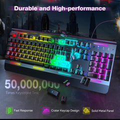 TECKNET RGB Gaming Keyboard UK Layout, USB Wired Computer Keyboard with 15-Zone RGB Illumination, All-Metal Panel, 25 Anti-ghosting Keys, 105 Keys, IP32 Water & Dust Resistant, 90% Quiet Keyboards