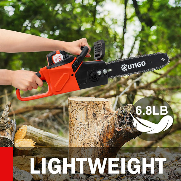 Cordless Electric Chainsaw 12 Inch，21 V Brushless Bettery Chainsaw with 2 Chains and 1 Guide Bars, 2 Batteries. Chain Saw for Pruning Trees Trimming Branches Wood Cutting