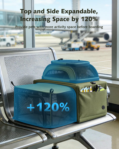 Pecute Top Side Expandable Pet Carrier Airline Approved Dog Cat Carrier, Breathable Soft-Sided with Locking Zippers, Pet Travel Bag for Small Dog Cat Leakproof Pee Pad (Olive Green)