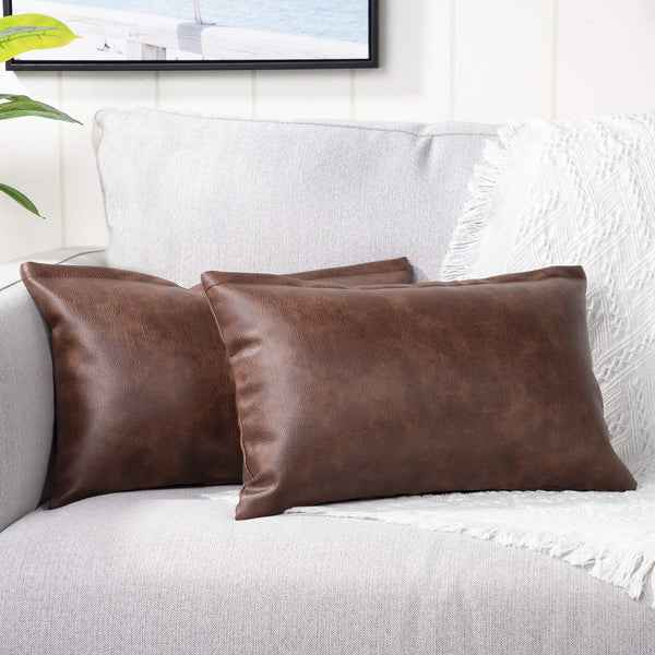 YAERTUN Set of 2 Lumbar Faux Leather Decorative Throw Pillow Covers Modern Solid Outdoor Cushion Covers Cases Luxury Pillowcases for Couch Sofa Bed 12x20 Inches Dark Brown