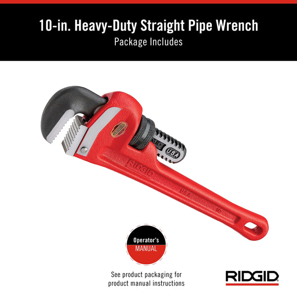 RIDGID 31010 10-inch Heavy-Duty Straight Pipe Wrench, 10-inch Plumbing Wrench,Red