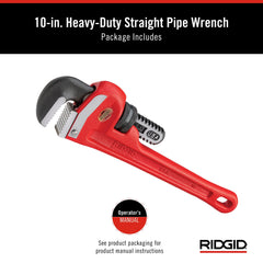 RIDGID 31010 10-inch Heavy-Duty Straight Pipe Wrench, 10-inch Plumbing Wrench,Red