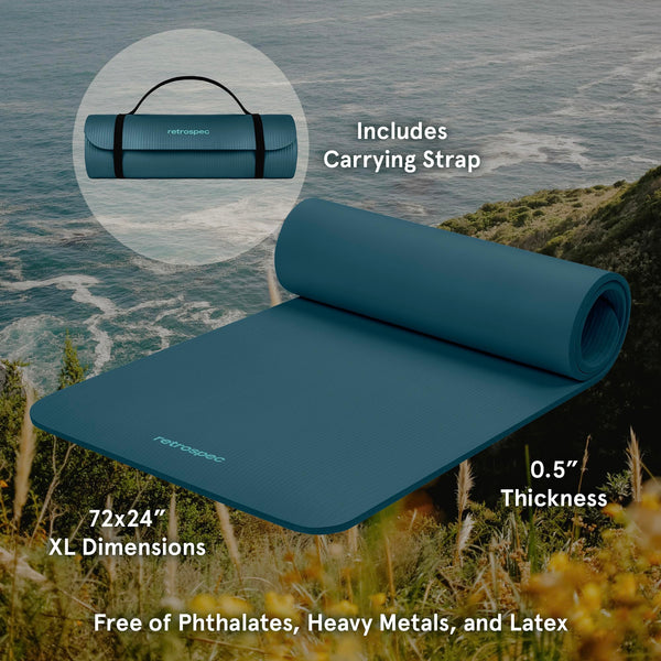 Retrospec Retrospec Solana Yoga Mat 1/2" Thick w/Nylon Strap for Men & Women - Non Slip Excercise Mat for Yoga, Pilates, Stretching, Floor & Fitness Workouts,Ocean Blue