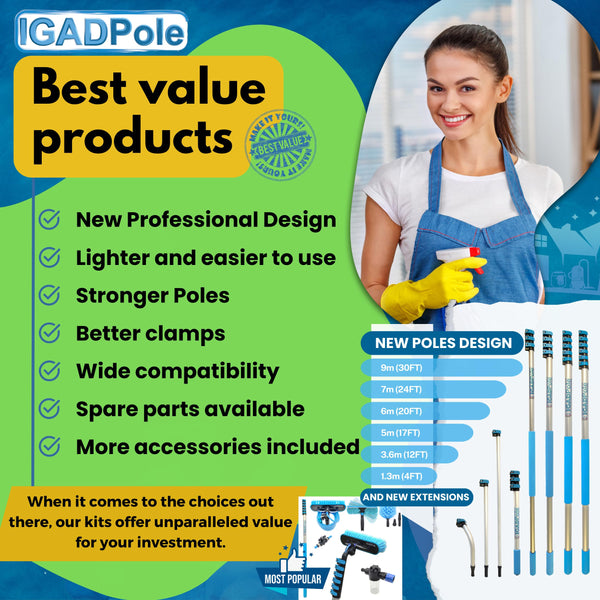 IGADPole 17ft(5m) Washing Kit: Water-fed Brush, Cobweb Duster and 10”(25cm) Squeegee and Soap Dispenser, Window Cleaning Kit Pole, Water Fed Telescopic Brush, Window Cleaning Equipment