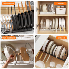 MENGCOOL Expandable Pans Organiser Rack, Pan Lid Storage with 10 Adjustable Dividers, Pot Lid Holder, Kitchen Cupboard Organiser (White)