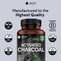 Activated Charcoal Capsules - 120 High Strength Activated Charcoal Tablets Alternative - 1040mg Per Serving, Helps Reduce Excessive Flatulence After Eating - Made in UK By New Leaf