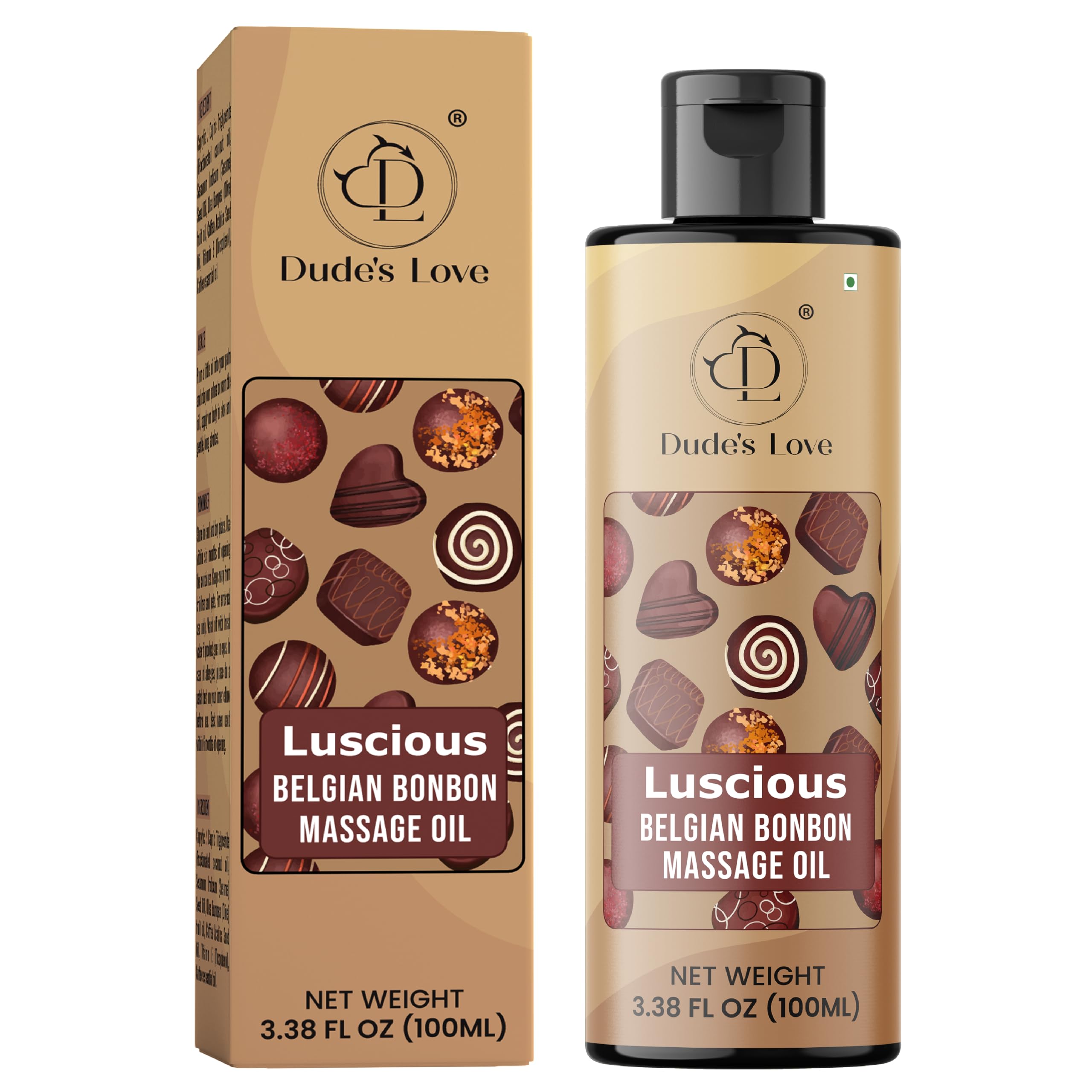 Dude's Love Luscious Belgian Bonbon Chocoalte Massage Oil - Natural Pleasant Aroma, for Men & Women, Nourishing & Moisturizing - 100 ML (3.38 Fl Oz)