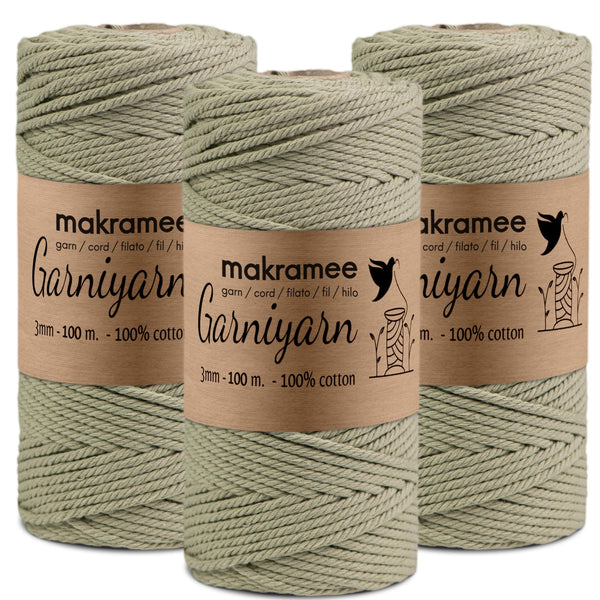 GARNIYARN Makramee Garn 3mm 3er-Set 300m, Olive Green