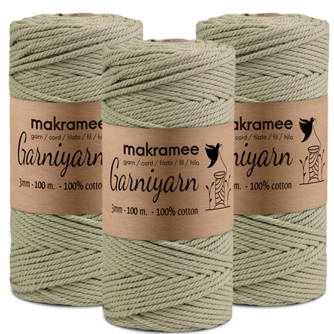 GARNIYARN Makramee Garn 3mm 3er-Set 300m, Olive Green