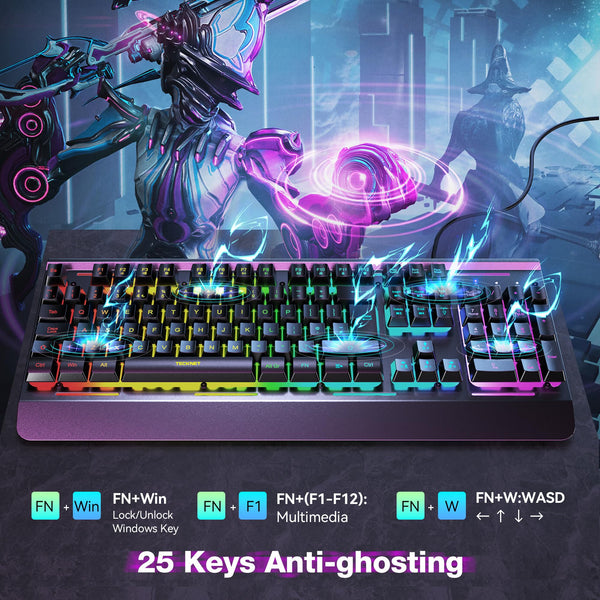 TECKNET RGB Gaming Keyboard UK Layout, USB Wired Computer Keyboard with 15-Zone RGB Illumination, All-Metal Panel, 25 Anti-ghosting Keys, 105 Keys, IP32 Water & Dust Resistant, 90% Quiet Keyboards