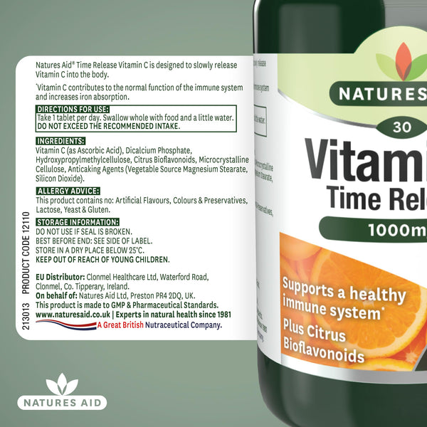 Natures Aid Vitamin C 1000mg Time Release - High Strength with Bioflavonoids - Supports Immunity, Bones & Heart - Antioxidant - Vegan, Gluten-Free, Non-GMO Supplement – 30 Tablets
