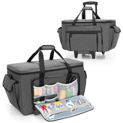 CURMIO Embroidery Sewing Machine Carrying Case with Wheels, Rolling Embroidery Machine Tote Bag with Bottom Support Board for Embroidery Machine and Sewing Supplies, Grey