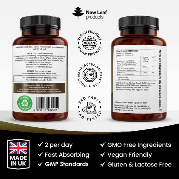 Ashwagandha KSM-66 and Lions Mane Capsules - High Strength 2000mg KSM-66 Ashwaghandha Root Extract and Lions Mane Mushroom Extract - 120 Vegan Capsules with Black Pepper - UK Made by New Leaf