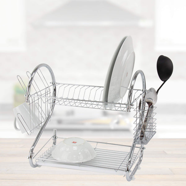 SQ Professional Dish Drainer | 2 Tier Aluminium dish drying rack | Dish Drainer with Detachable Plastic drip tray |Utensil and Cup Holder |Dish rack for Kitchen Countertop (Silver)