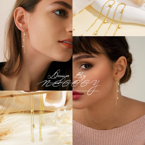 NECOCY Dangle Earrings for Women Dainty Long Hanging Gold/Silver Chain Earrings Trendy Hypoallergenic Dangling CZ/Pearl Threader Earrings for Women Jewelry, Yellow Gold, Cubic Zirconia