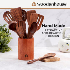 Wooden Spoons Cooking Utensils - Teak Wooden Utensil Set of 12 Pcs with Holder, Spoon Rest & Hanging Hooks, Non-Stick and Heat Resistant Kitchen Accessories by Woodenhouse