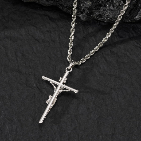 NORBU 925 Sterling Silver Crucifix Necklace for Men/Women, Religious Jewelry Gift for Baptism/Confirmation, Hypoallergenic Jesus Cross Pendant with Secure Lobster Clasp, Rope Chain, 20 inch