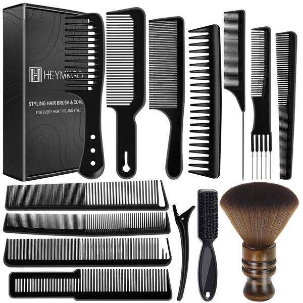 HEYMKGO 14 Pcs Professional Barber Hair Comb Set for Men & Women, Hair Cutting Kit with Wide Tooth Comb, Rat Tail Comb, Clipper Brush, Neck Duster, Styling Clips for Salon Grooming Tools (Black A)