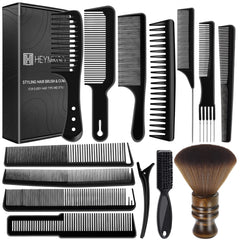 HEYMKGO 14 Pcs Professional Barber Hair Comb Set for Men & Women, Hair Cutting Kit with Wide Tooth Comb, Rat Tail Comb, Clipper Brush, Neck Duster, Styling Clips for Salon Grooming Tools (Black A)