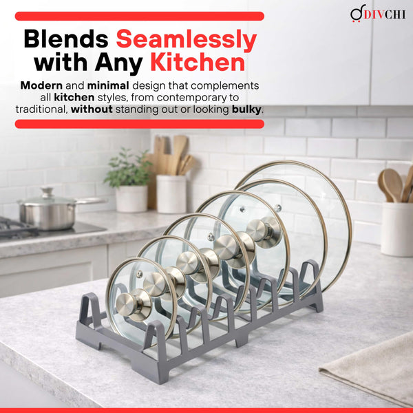 DIVCHI Pot Lid Holder Kitchen Organiser – 7 Slot Pan Lid Rack Lids, Plates & Chopping Boards, Compact Cupboard Storage Organiser (Grey)