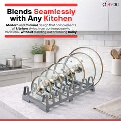 DIVCHI Pot Lid Holder Kitchen Organiser – 7 Slot Pan Lid Rack Lids, Plates & Chopping Boards, Compact Cupboard Storage Organiser (Grey)
