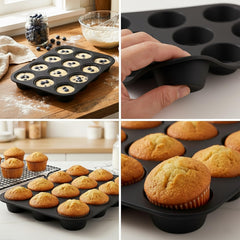 Zuvo Silicon Muffin Tray 12 Cups - Non Stick Black Baking Mold for Cupcakes and Brownies (23x31cm) - Perfect Baking Tray