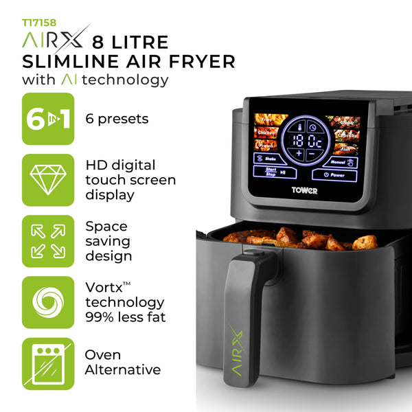 Tower 8L AIRX Digital Single Basket Air Fryer with A.I. & Vortx Technology, 6 Cooking Pre-sets, Space Saving Design, 60 Minute Timer, 1500W, Grey, T17158