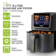 Tower 8L AIRX Digital Single Basket Air Fryer with A.I. & Vortx Technology, 6 Cooking Pre-sets, Space Saving Design, 60 Minute Timer, 1500W, Grey, T17158